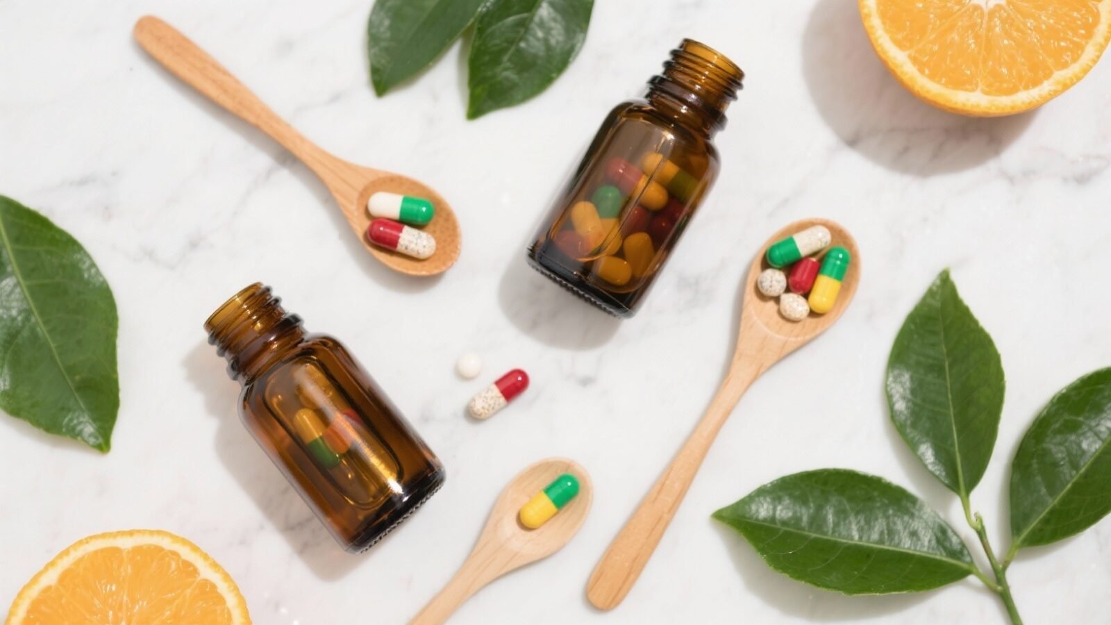 Compléments alimentaires en gélules et vitamines sur fond marbre avec plantes vertes