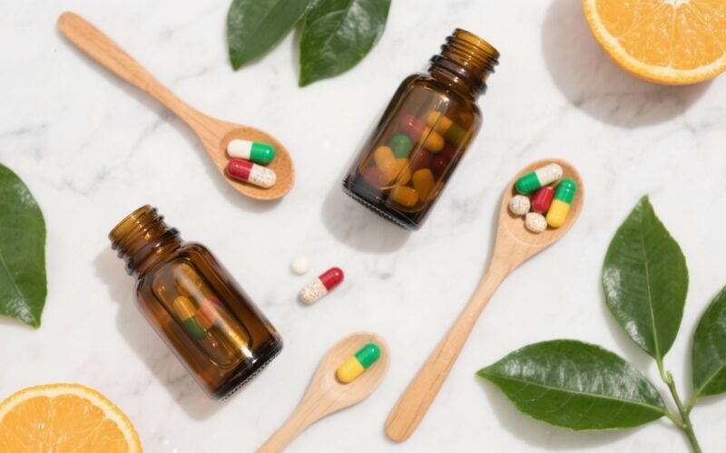 Compléments alimentaires en gélules et vitamines sur fond marbre avec plantes vertes