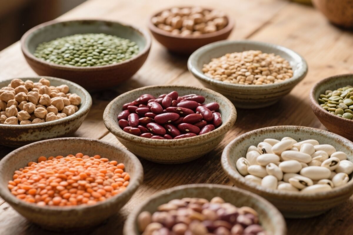 Variété de légumineuses dans des bols en céramique sur table en bois