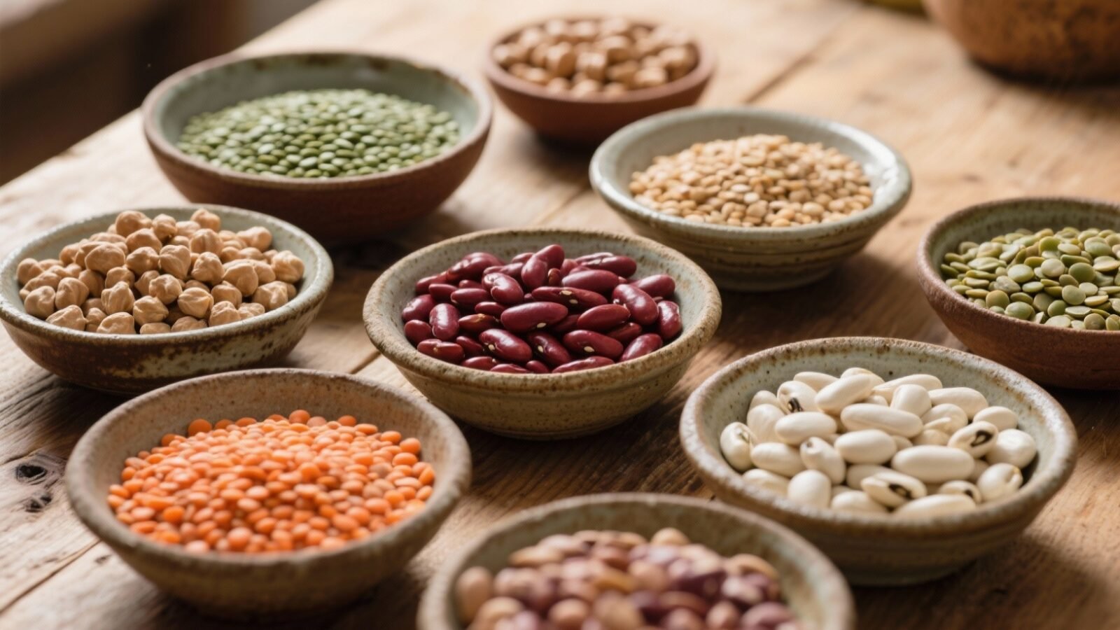 Variété de légumineuses dans des bols en céramique sur table en bois