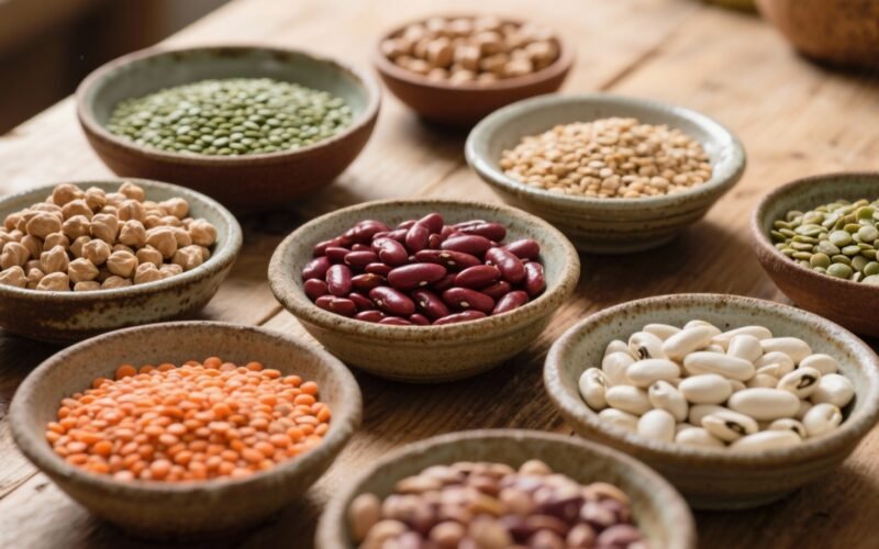 Variété de légumineuses dans des bols en céramique sur table en bois